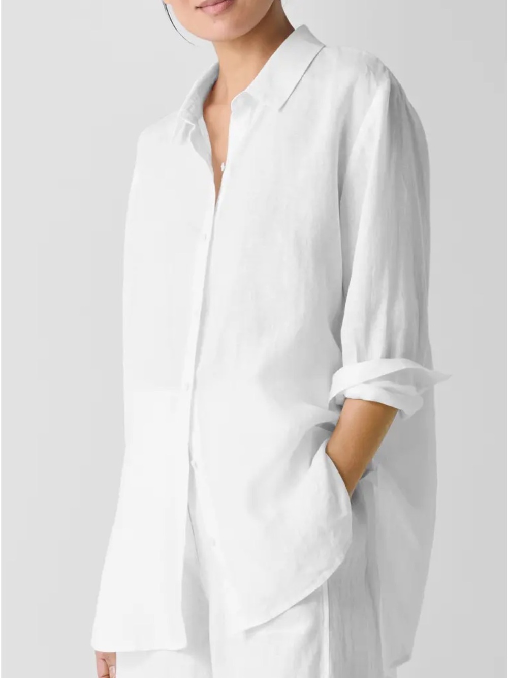 Eileen Fisher White Relaxed organic Linen Button-Down Shirt, SMALL
